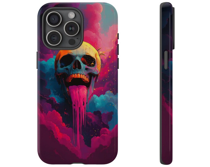 Skull Dripping Mouth Open Case, Pink Teal Clouds Waterfall Cover, Skeleton Art Design - Phone Case for Samsung Galaxy, iPhone, Pixel