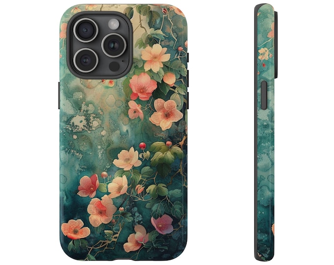 Watercolor Wildflower Phone Case | iPhone, Samsung Galaxy, Pixel | Cute Pink Flower Vines on Sage Green Floral Thistle | Tough Cover