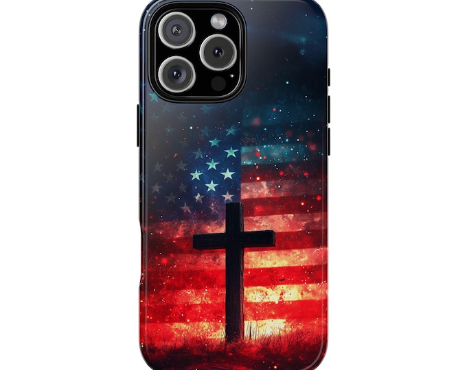 Cross Behind American Flag Backdrop USA Phone Case: iPhone, Galaxy, Pixel - Lifetime Warranty