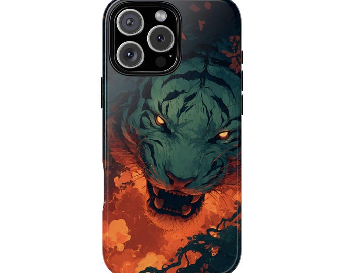 Mythical Tiger Dark Fiery Tones Artwork Phone Case: iPhone, Galaxy, Pixel - Lifetime Warranty
