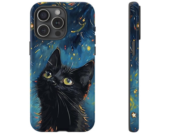 Black Cat Starry Night Van Gogh Style Phone Case: iPhone, Galaxy, Pixel - Lifetime Warranty