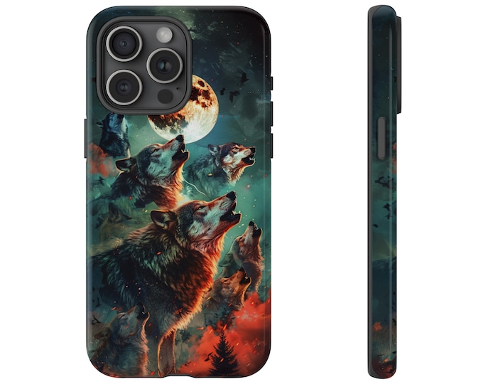 Phone Case for Galaxy, iPhone, Pixel | Lunar Howl: Wolves Howling at a Full Moon Wolf Pack in Forest Red Gray | Tough Cover Protector