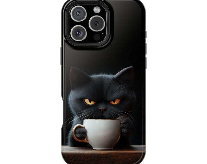Grumpy Black Cat Coffee Cup Phone Case: iPhone, Galaxy, Pixel - Lifetime Warranty