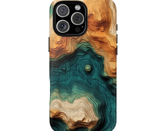 Teal Terrain Woodgrain Topography Map Print Phone Case: iPhone, Galaxy, Pixel - Lifetime Warranty