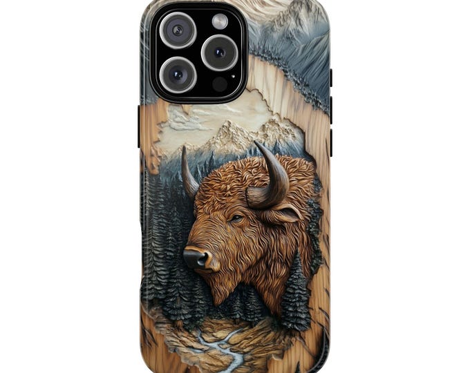 Buffalo Carved Wood Style Print Phone Case: iPhone, Galaxy, Pixel - Lifetime Warranty