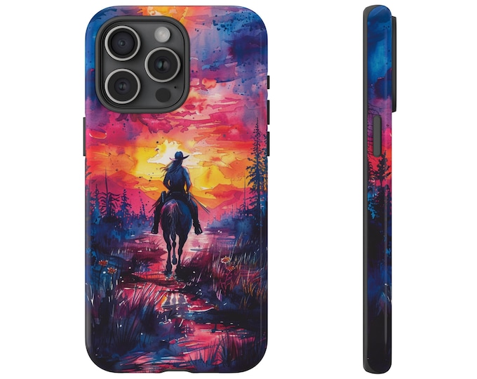 Cowgirl Watercolor Sunset Western Desert Phone Case: iPhone, Galaxy, Pixel - Lifetime Warranty