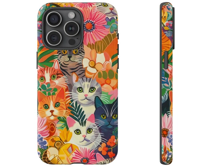 Cute Floral Cats Phone Case - Summer Flower Kitty Cats Phone Cover - Canvas Style Kitties Phone Case - iPhone, Pixel, Samsung Galaxy