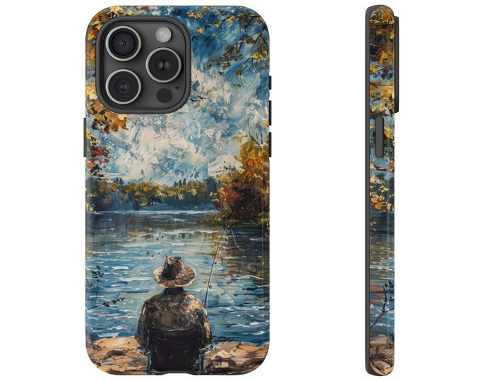 Man Sitting on Lake Shore Fishing Phone Case: iPhone, Galaxy, Pixel - Lifetime Warranty