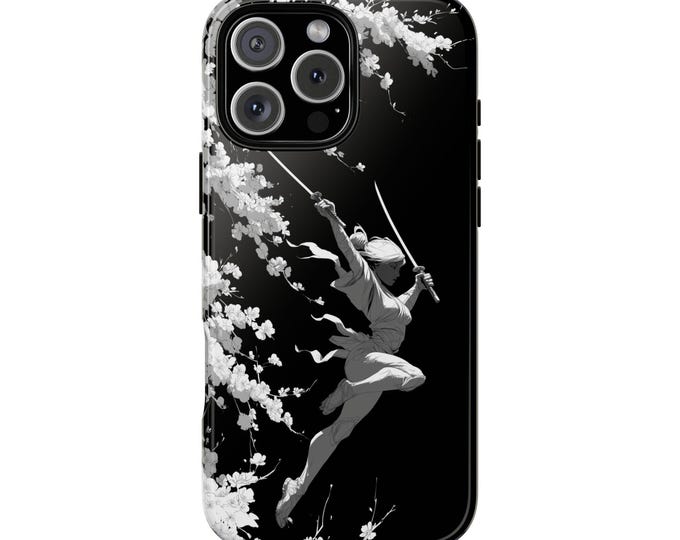 Elegant Ninja Black White Woman Leap Phone Case: iPhone, Galaxy, Pixel - Lifetime Warranty