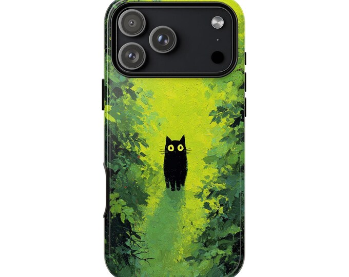 Black Cat Green Lush Forest Phone Case: iPhone, Galaxy, Pixel - Lifetime Warranty