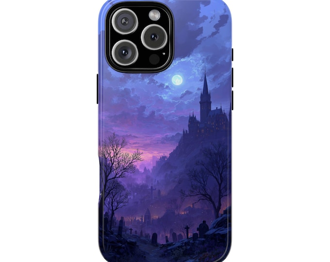 Dark Gothic Castle Purple Graveyard Phone Case: iPhone, Galaxy, Pixel - Lifetime Warranty