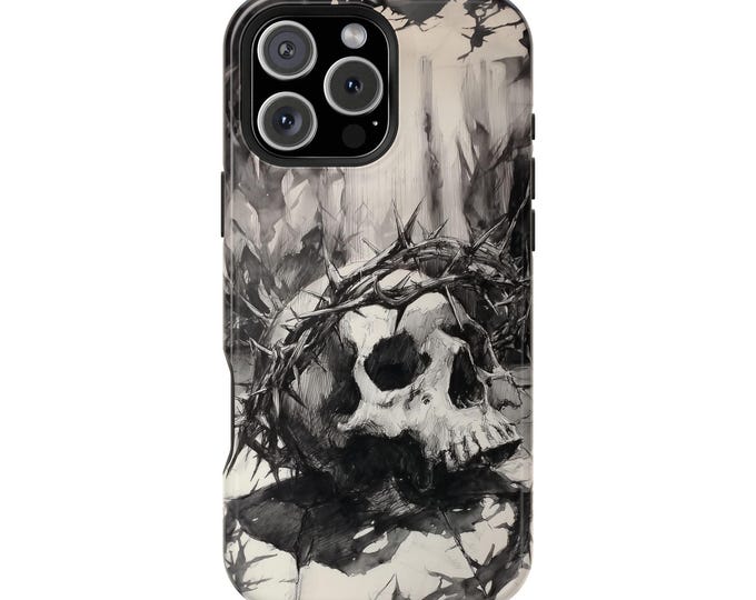Skull Crown of Thorns Charcoal Sketch Phone Case: iPhone, Galaxy, Pixel - Lifetime Warranty
