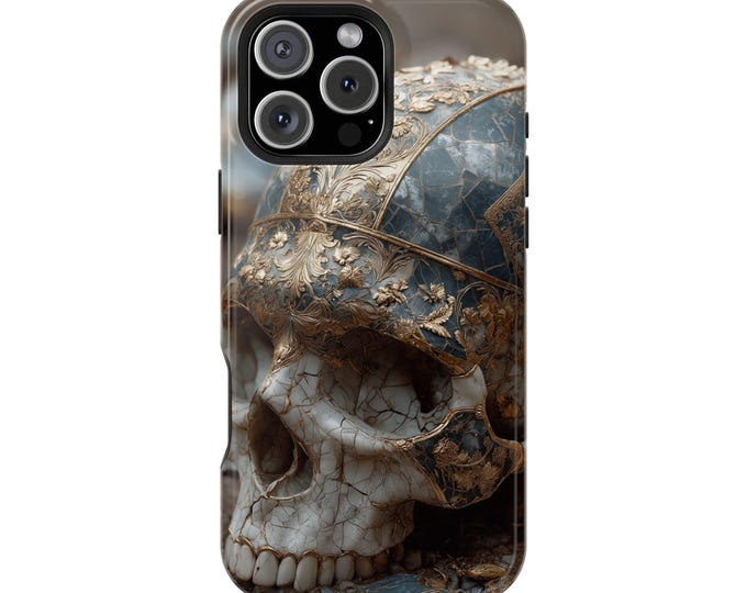Skull Cracked Teal Gold Porcelain Phone Case: iPhone, Galaxy, Pixel - Lifetime Warranty