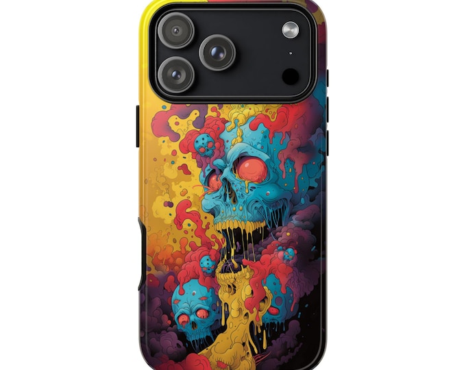 Trippy Skull Blue Yellow Abstract Liquid Art Phone Case: iPhone, Galaxy, Pixel - Lifetime Warranty