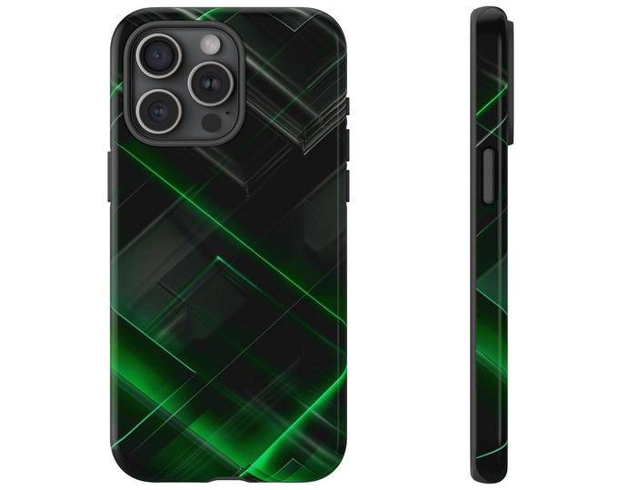 Black Green Glow Vector Lines Phone Case: iPhone, Galaxy, Pixel - Lifetime Warranty