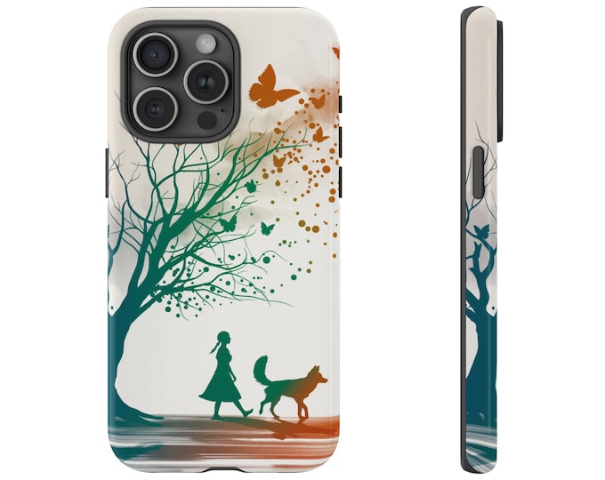Girl with Her Fox Phone Case - Abstract Butterfly Artistic Phone Cover - Minimalist Silhouette Phone Case - iPhone, Pixel, Samsung Galaxy