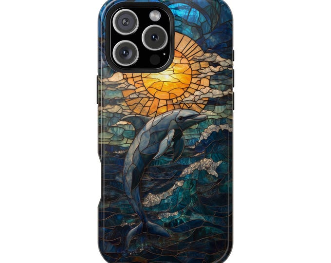 Dolphin Stained Glass Sunset Ocean Evening Phone Case: iPhone, Galaxy, Pixel - Lifetime Warranty