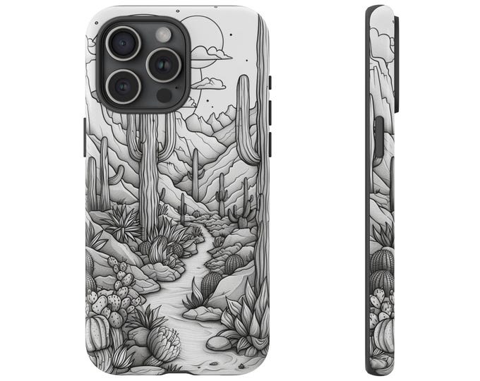 Black White Desert Drawing Scene Phone Case: iPhone, Galaxy, Pixel - Lifetime Warranty