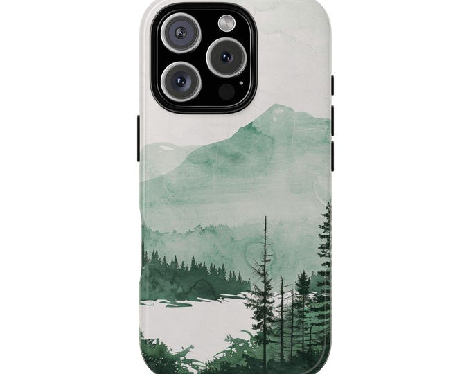 Tranquil Forest Minimalistic Watercolor Pine Tree Forest, Lake, Mountains | Phone Case for iPhone 16 15 14 13, Samsung Galaxy S25 S24, Pixel