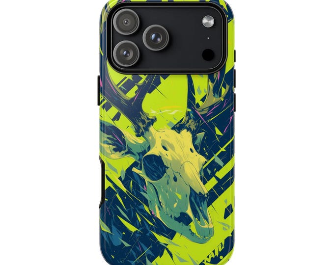 Neon Green Deer Stag Skull Blue Phone Case: iPhone, Galaxy, Pixel - Lifetime Warranty