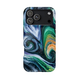 May include: A smartphone case featuring a vibrant fluid art design with swirling patterns of deep blue, emerald green, and touches of orange. The top section includes a black camera module cutout with three circular lenses and a small flash.