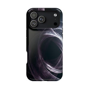 May include: A black smartphone case featuring a glossy finish and a central abstract design of swirling, translucent white and light purple light trails that create circular patterns against a dark, solid black background.