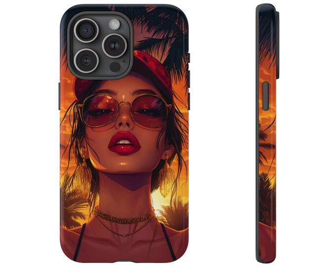 Vice Beach Girl Sunglasses Sunset Phone Case: iPhone, Galaxy, Pixel - Magsafe Wireless Charging