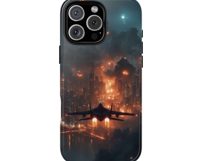 Stealth Jet Plane City Under Fire Phone Case: iPhone, Galaxy, Pixel - Lifetime Warranty
