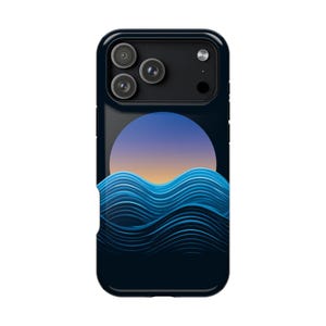 May include: A dark blue smartphone case featuring a graphic design of stylized ocean waves in shades of blue and teal, layered beneath a circular gradient sun that transitions from a soft orange at the base to a deep blue at the top.