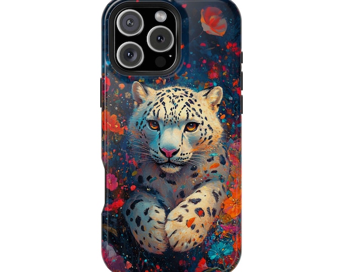 Snow Leopard Cat  Wildflowers Floral Art Phone Case: iPhone, Galaxy, Pixel - Lifetime Warranty