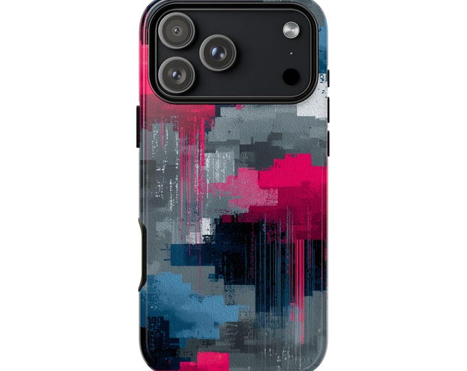 Gray Glitch Pink Blue Abstract Paint Phone Case: iPhone, Galaxy, Pixel - Lifetime Warranty