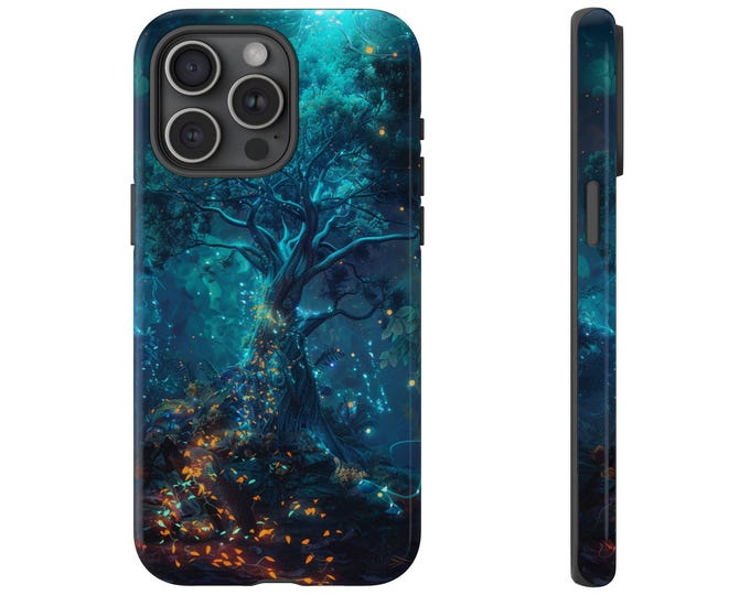 Tree of Life Teal Blue Glow Leaves Phone Case: iPhone, Galaxy, Pixel - Lifetime Warranty