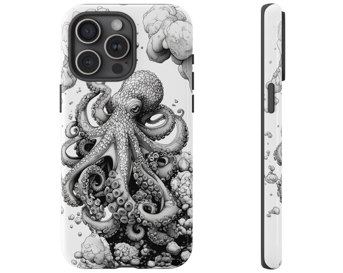 Black White Octopus Drawing Phone Case: iPhone, Galaxy, Pixel - Lifetime Warranty