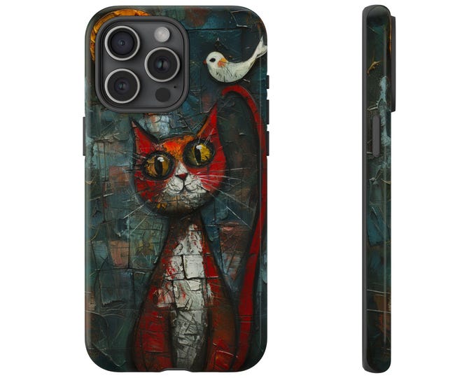 Cat Bird Abstract Art Painting Cover Phone Case: iPhone, Galaxy, Pixel - Lifetime Warranty