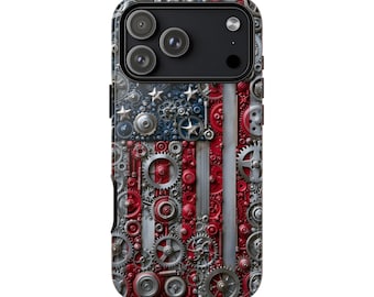 Levenslange garantie | Amerikaanse vlag mechanische versnellingen VS telefoonhoesje: iPhone 17 16 15 14 Pro Max, Galaxy S26 | MagSafe | Schokbestendig