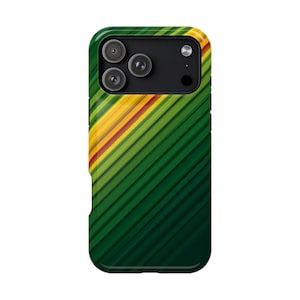 May include: A smartphone case featuring a diagonal striped pattern in shades of dark green, lime green, yellow, and a thin red line. The case has a rectangular cutout at the top for a triple-lens camera system and a flash, with a black camera housing.