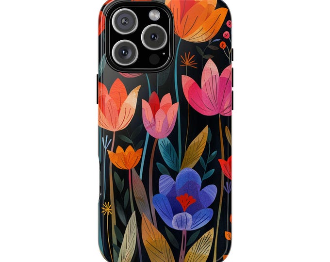 Minimalist Tulips Blue Flowers Shockproof Armor Phone Case - iPhone 17 Air Pro Max 16 16e 15 14 13, Samsung Galaxy S25 Ultra S24 S23, Pixel