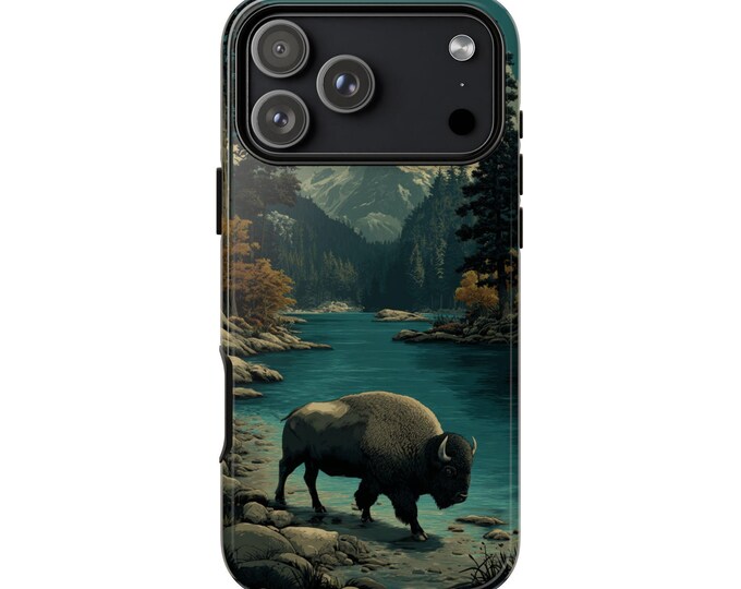 Bison Bull Mountain Lake Vector Phone Case: iPhone, Galaxy, Pixel - Lifetime Warranty