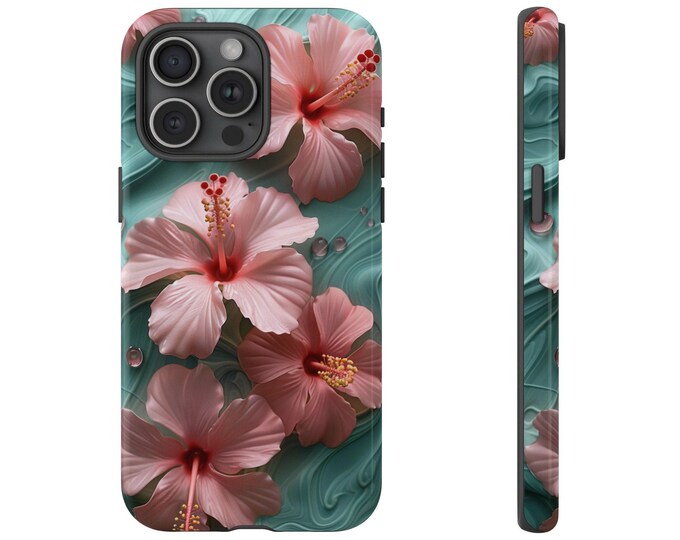 Pink Hibiscus Flower on Green Teal Floral Phone Case for iPhone | Samsung Galaxy | Google Pixel