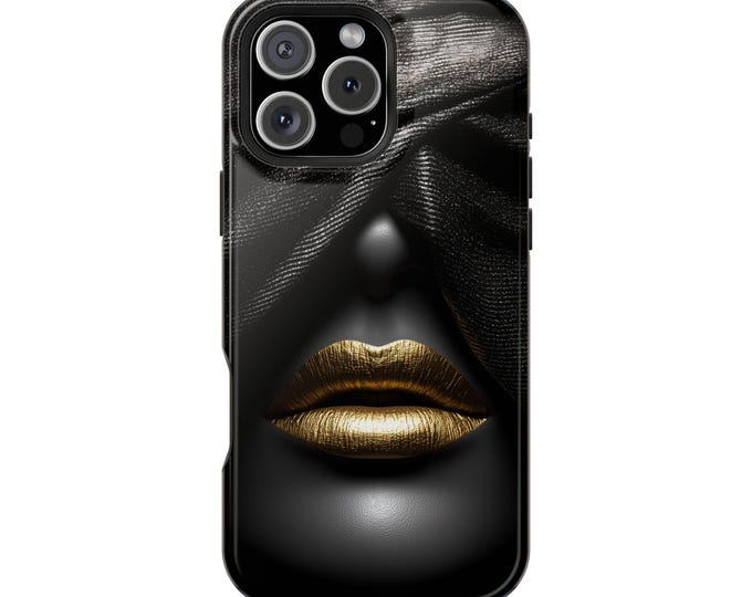 Woman Portrait Gold Lips Black Veil - Phone Protector Cover Case for iPhone MagSafe | Galaxy | Pixel