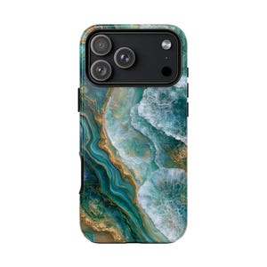 May include: A smartphone case featuring a vibrant abstract design of swirling teal, turquoise, and deep green waves accented with metallic gold veins. The case includes a black camera module cutout with three circular lenses and a flash.