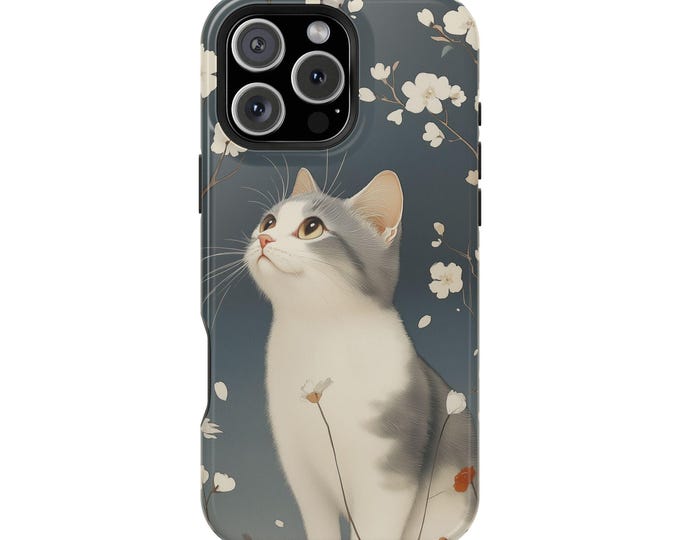 Gray White Cat Wildflower Kitty Painting Phone Case: iPhone, Galaxy, Pixel - Lifetime Warranty