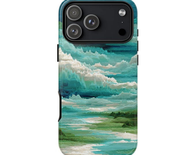 Teal Glitch White Wave Landscape Phone Case: iPhone, Galaxy, Pixel - Lifetime Warranty
