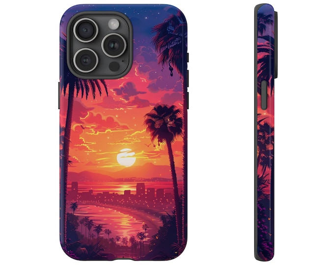 Phone Case for Galaxy S25 S24 S22 iPhone 15 14 13 12 11 Pro Max XR XS SE 7 8 Plus Pixel 8 7 6 | Tough Cover - Synth Neon Beach City Sunset