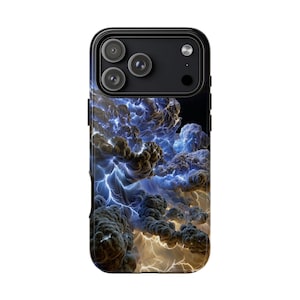 May include: Black smartphone case featuring a dramatic digital art design of a thunderstorm. The image showcases dark, swirling clouds with vibrant blue lightning bolts and a golden glow at the bottom. The case has a black border and a camera module.