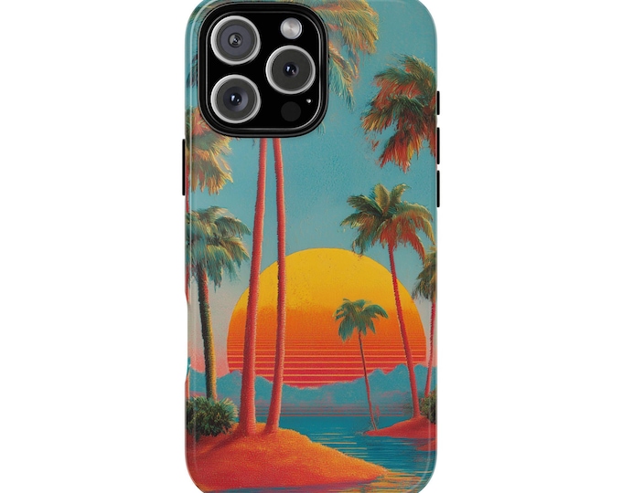 Vintage 80s Palm Trees Beach Sunset Phone Case: iPhone, Galaxy, Pixel - Lifetime Warranty