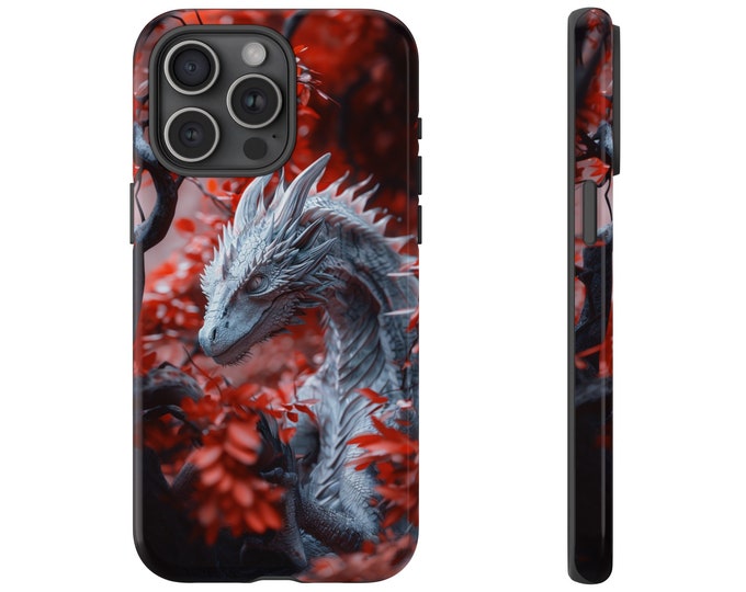 Phone Case for Galaxy, iPhone, Pixel | Gray Dragon Scarlet Red Tree Leaves with Silver Gray Dragon | Dual Layer Tough Phone Cover Protector