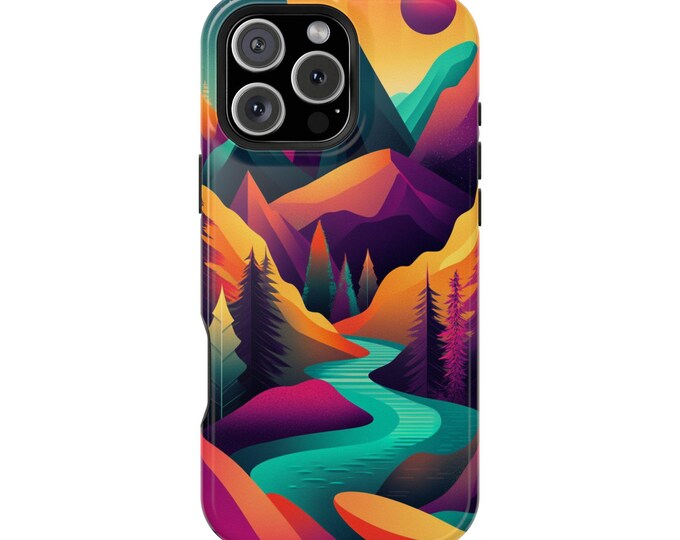 Geometric Wilderness Orange Teal Forest Mountain Phone Case: iPhone, Galaxy, Pixel - Lifetime Warranty