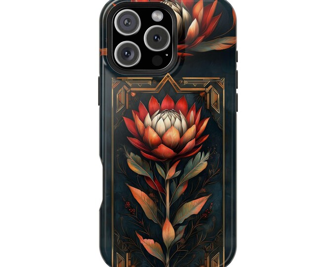 Protea Flower Golden Frame Red Floral Phone Case: iPhone, Galaxy, Pixel - Lifetime Warranty