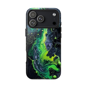 May include: A smartphone case with a vibrant abstract design. The case features a black background with splashes of neon green, yellow, and purple. The phone's camera lenses are visible at the top.